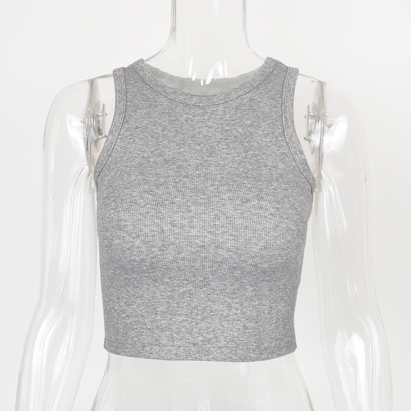 Ribbed Racer Neck Crop Tank Top - Gray - 1