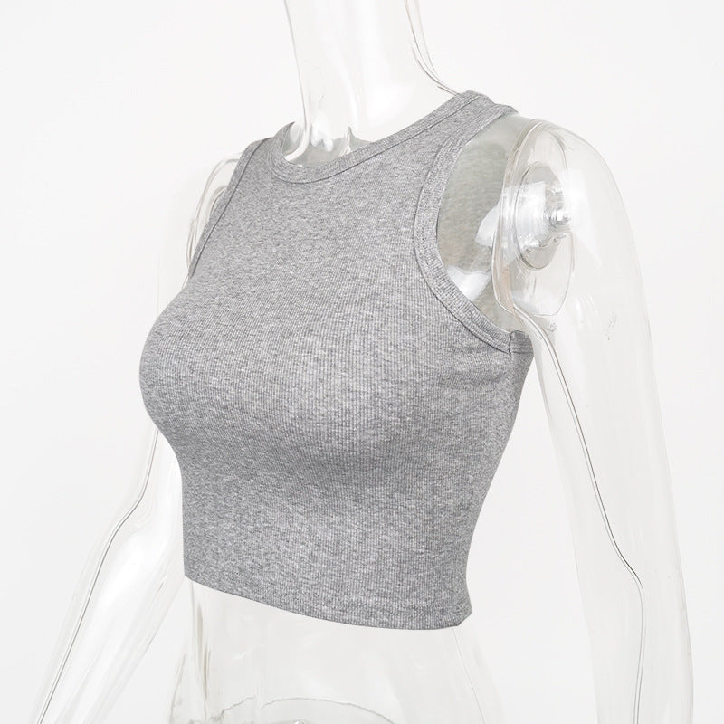 Ribbed Racer Neck Crop Tank Top - Gray - 3