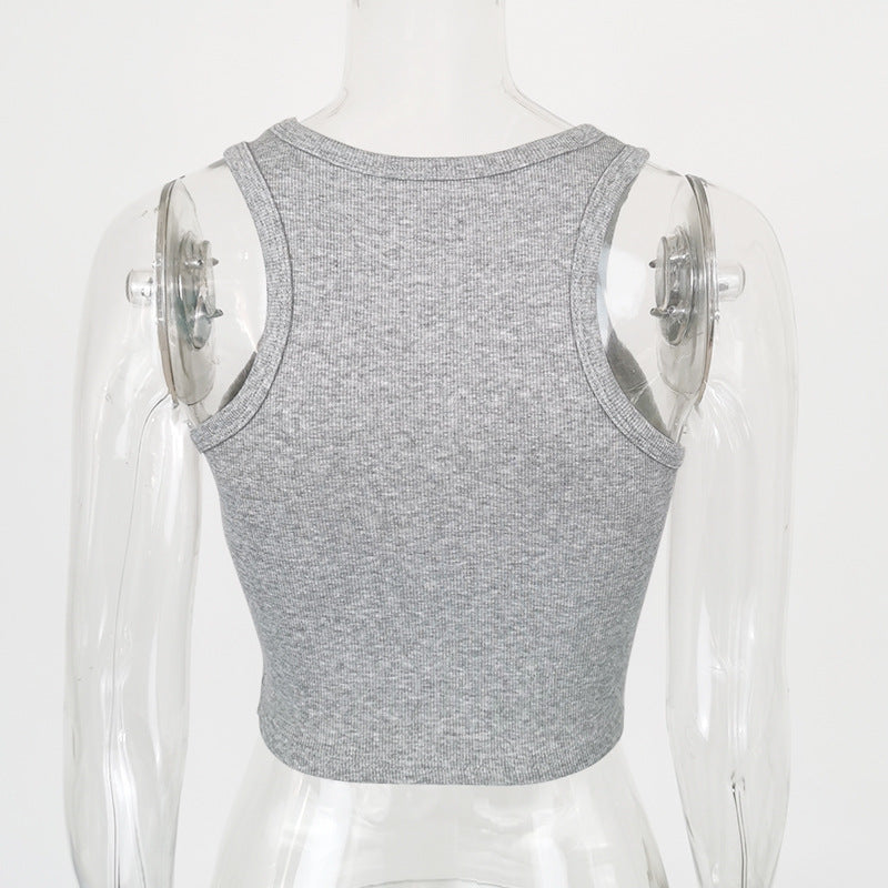 Ribbed Racer Neck Crop Tank Top - Gray - 4
