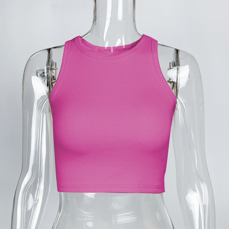 Ribbed Racer Neck Crop Tank Top - Hot_pink - 1