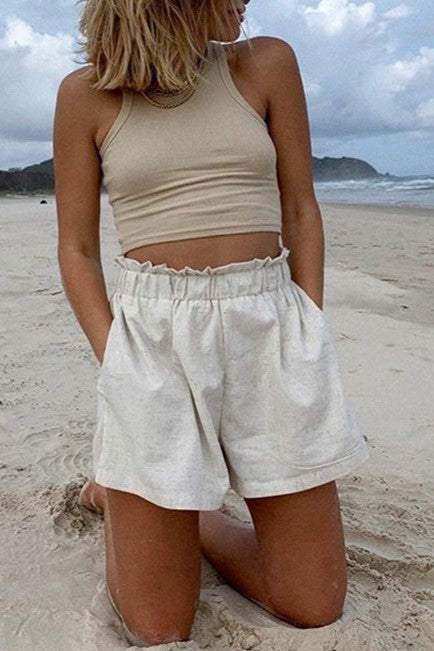 Ribbed Racer Neck Crop Tank Top - Khaki - 1