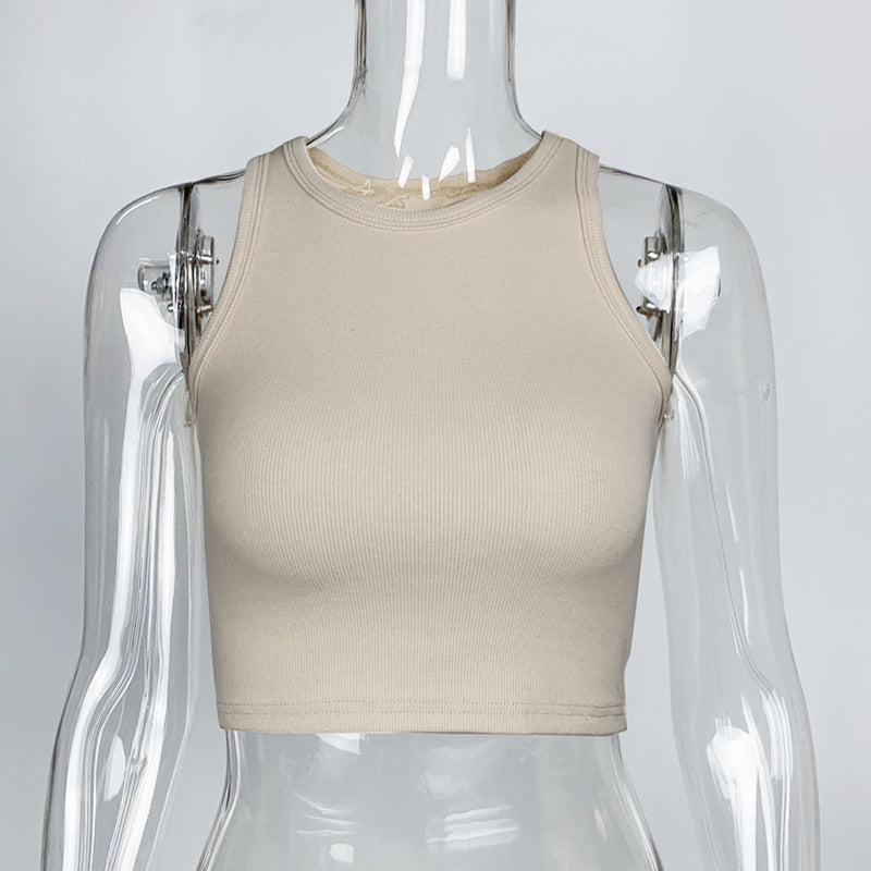 Ribbed Racer Neck Crop Tank Top - Khaki - 2