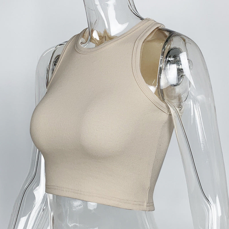 Ribbed Racer Neck Crop Tank Top - Khaki - 4