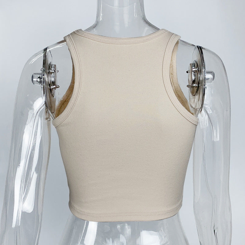 Ribbed Racer Neck Crop Tank Top - Khaki - 5