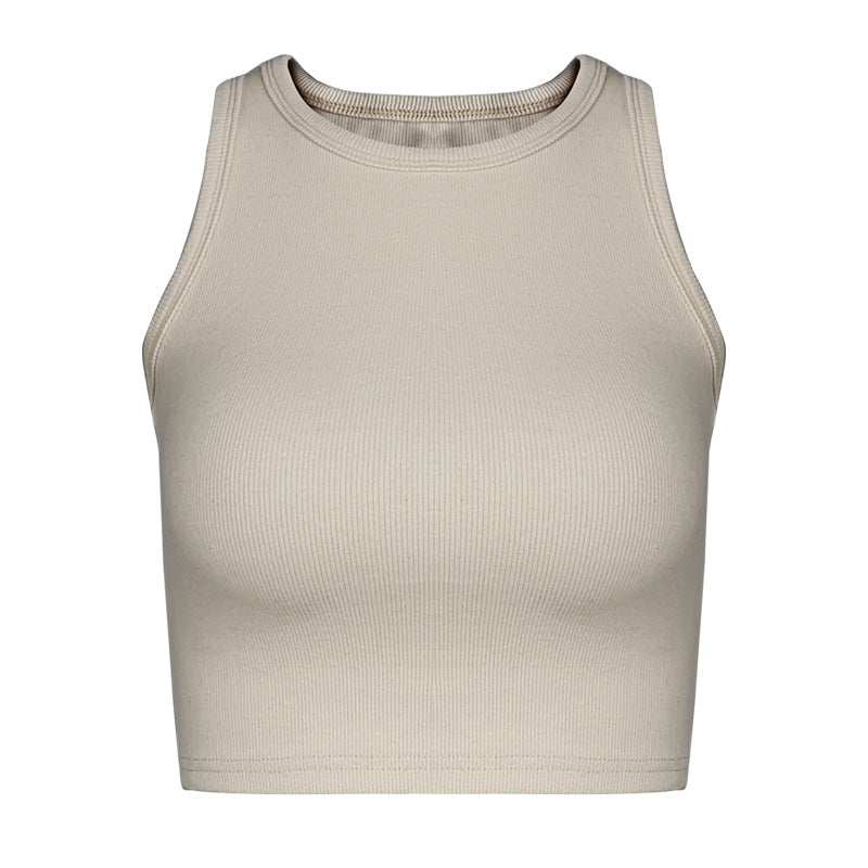 Ribbed Racer Neck Crop Tank Top - Khaki - 6