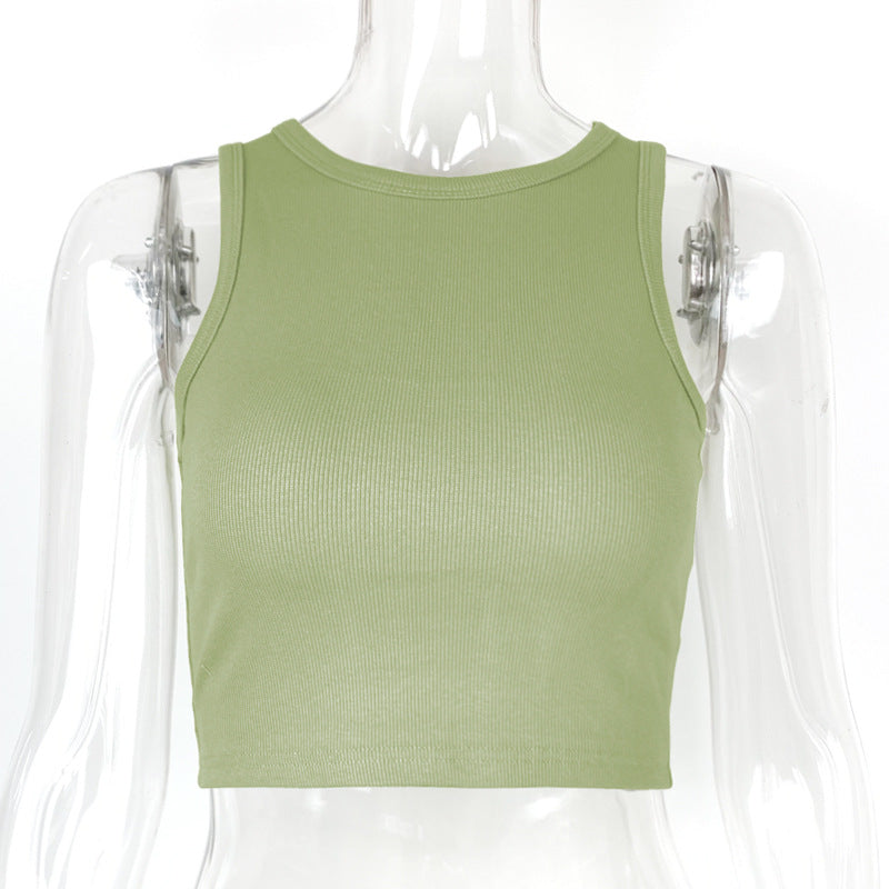 Ribbed Racer Neck Crop Tank Top - Sage - 1