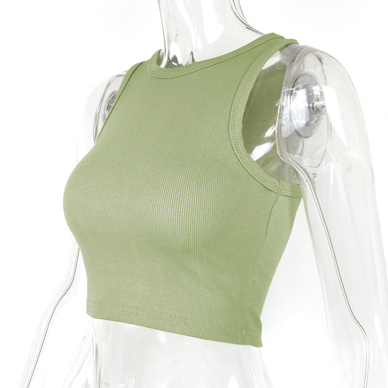 Ribbed Racer Neck Crop Tank Top - Sage - 3