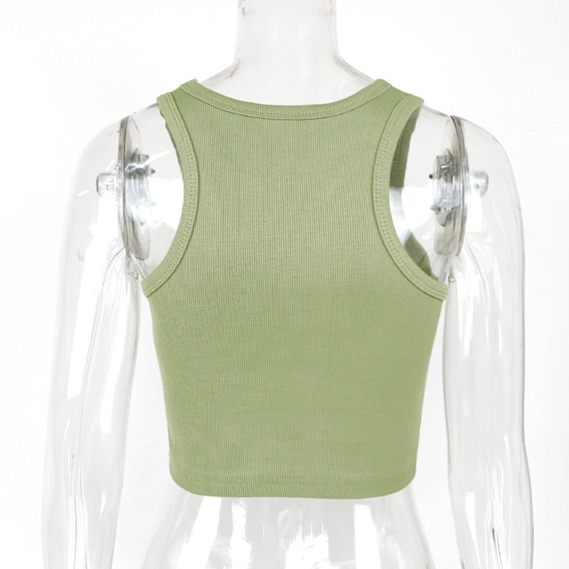 Ribbed Racer Neck Crop Tank Top - Sage - 4
