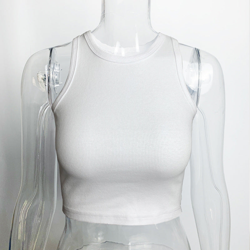 Ribbed Racer Neck Crop Tank Top - White - 3
