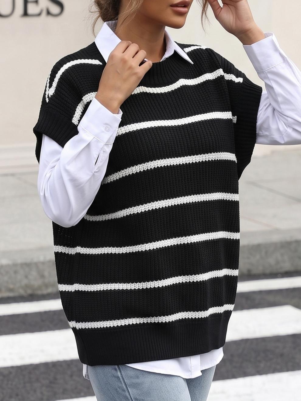 Ribbed Knit Top With Wide Contrast Stripes - Black