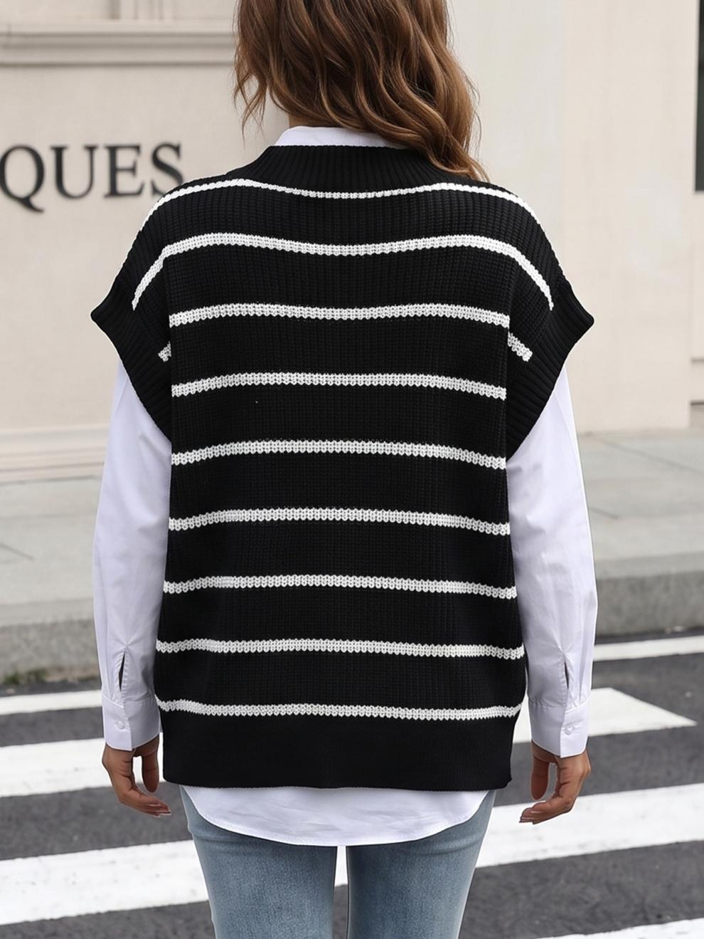Ribbed Knit Top With Wide Contrast Stripes - Black - 1
