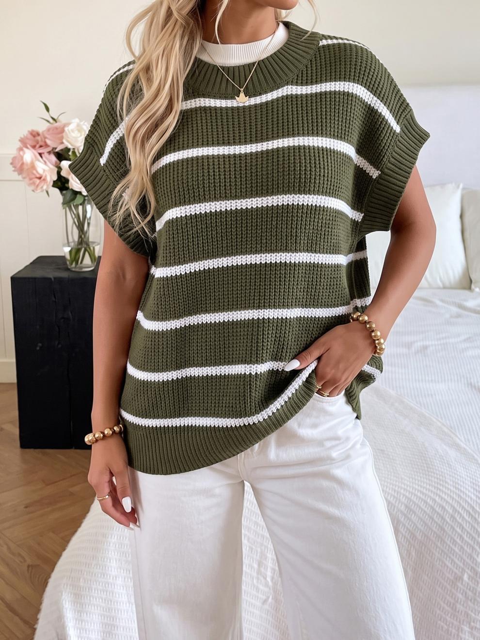 Ribbed Knit Top With Wide Contrast Stripes - Green - 1