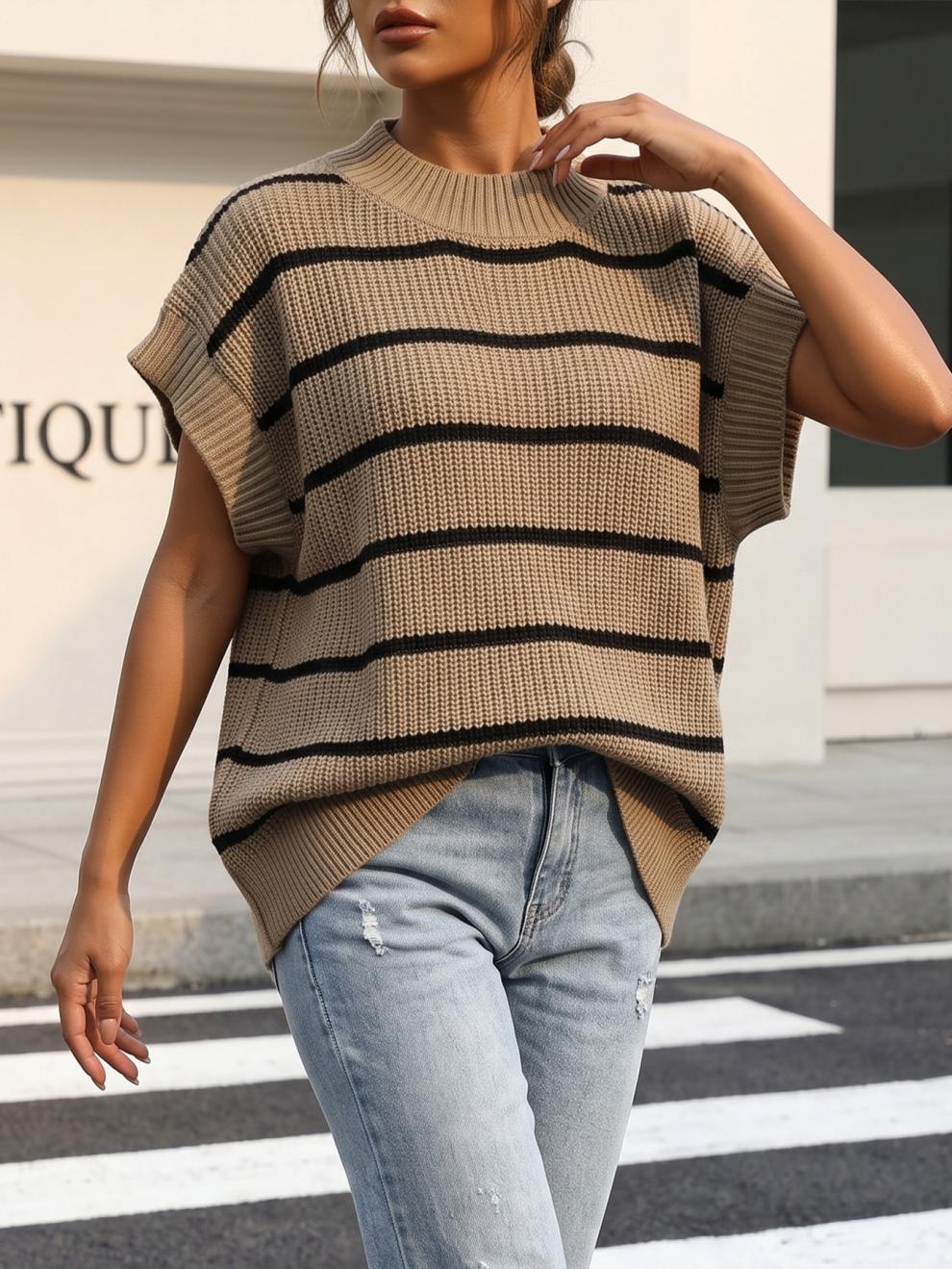 Ribbed Knit Top With Wide Contrast Stripes - Khaki