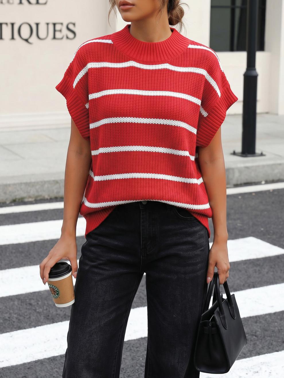 Ribbed Knit Top With Wide Contrast Stripes - Red