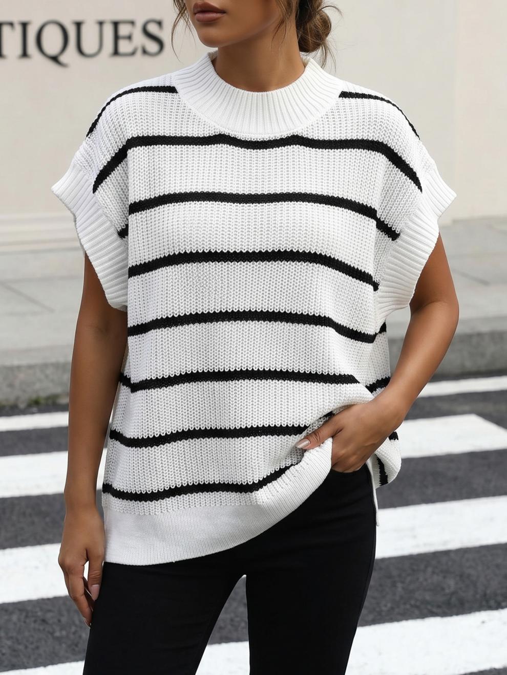 Ribbed Knit Top With Wide Contrast Stripes - White - 1