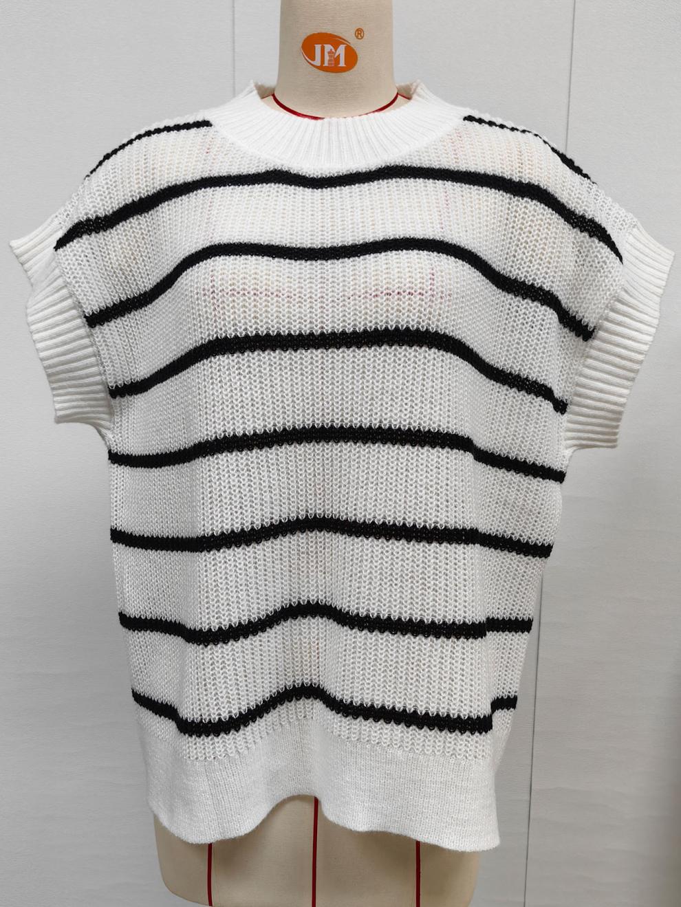 Ribbed Knit Top With Wide Contrast Stripes - White - 2