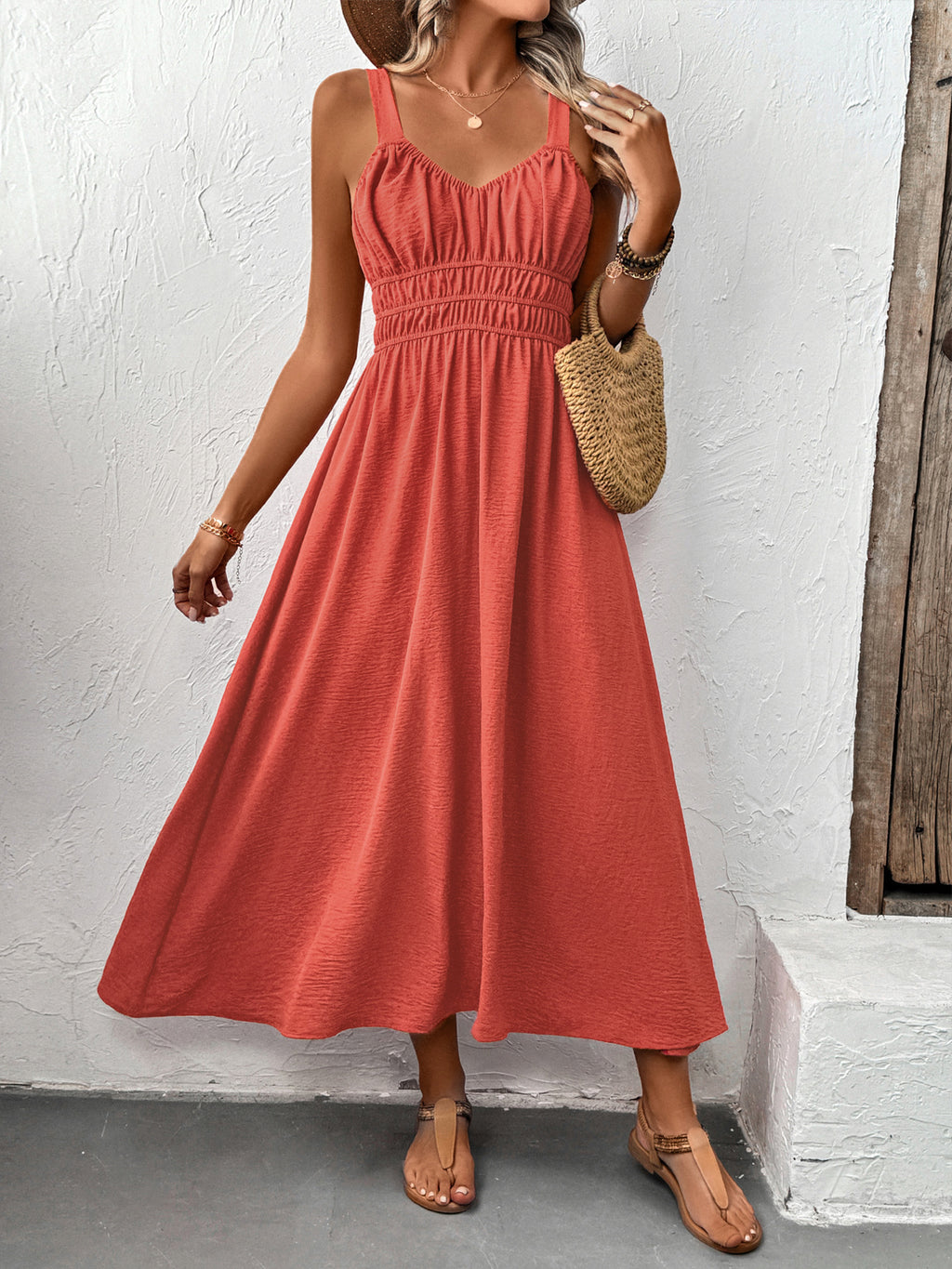 Shirred Waist Strappy Maxi Sundress - Brickred