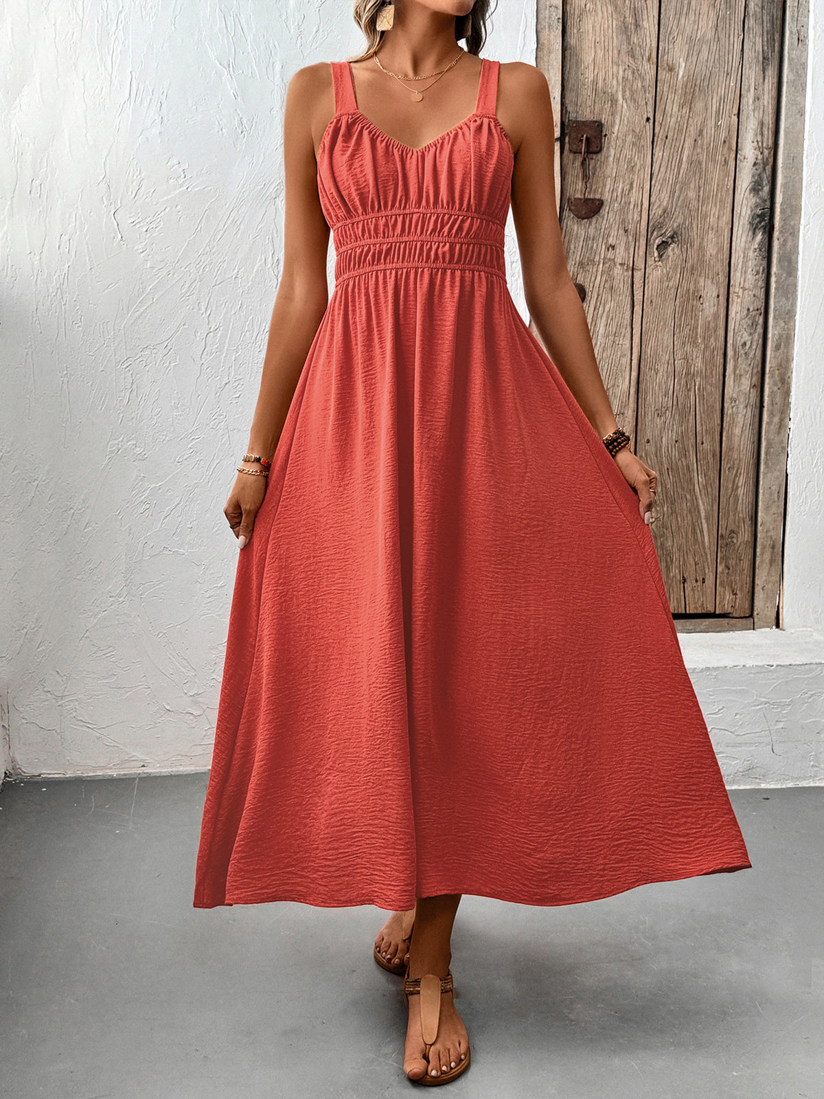 Shirred Waist Strappy Maxi Sundress - Brickred - 1