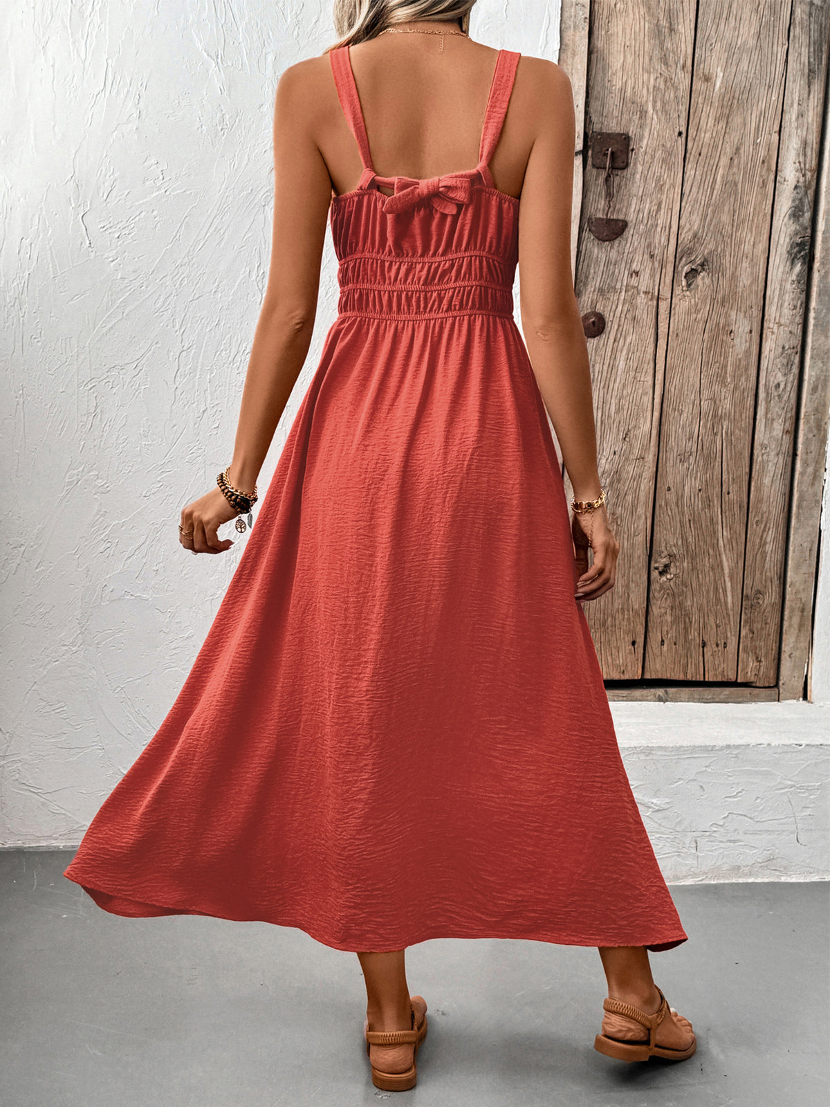 Shirred Waist Strappy Maxi Sundress - Brickred - 2