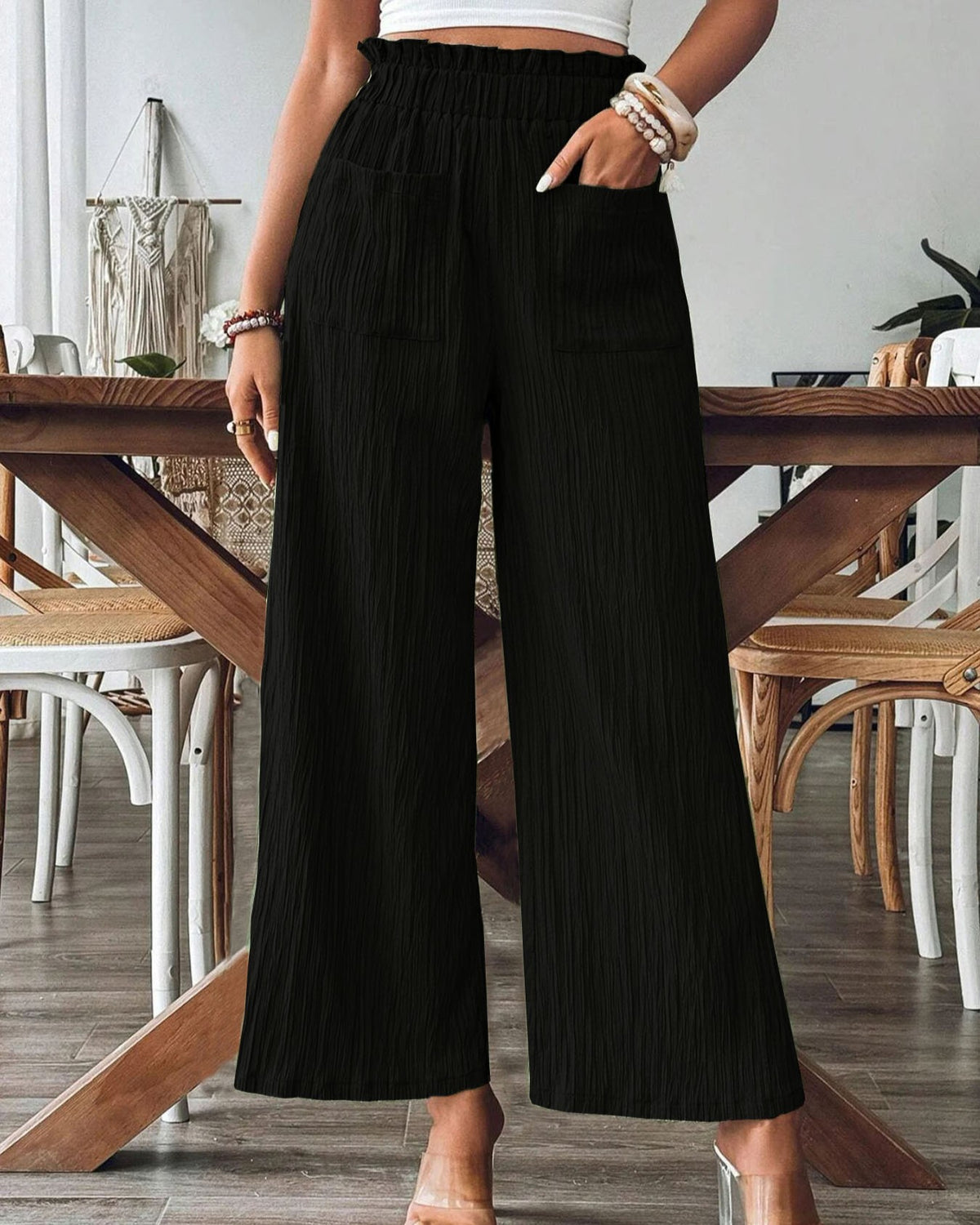 Smocked High Waist Crinkle Wide Leg Pants - Black