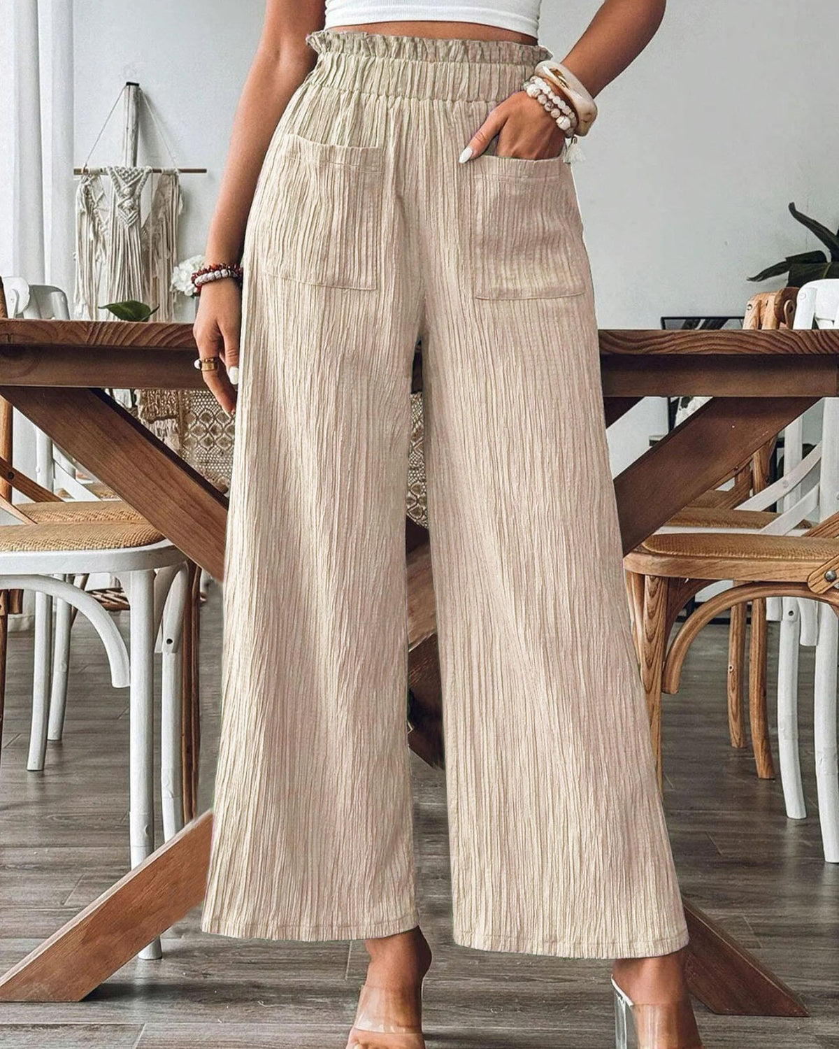 Smocked High Waist Crinkle Wide Leg Pants - Khaki