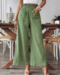 Smocked High Waist Crinkle Wide Leg Pants - Matcha