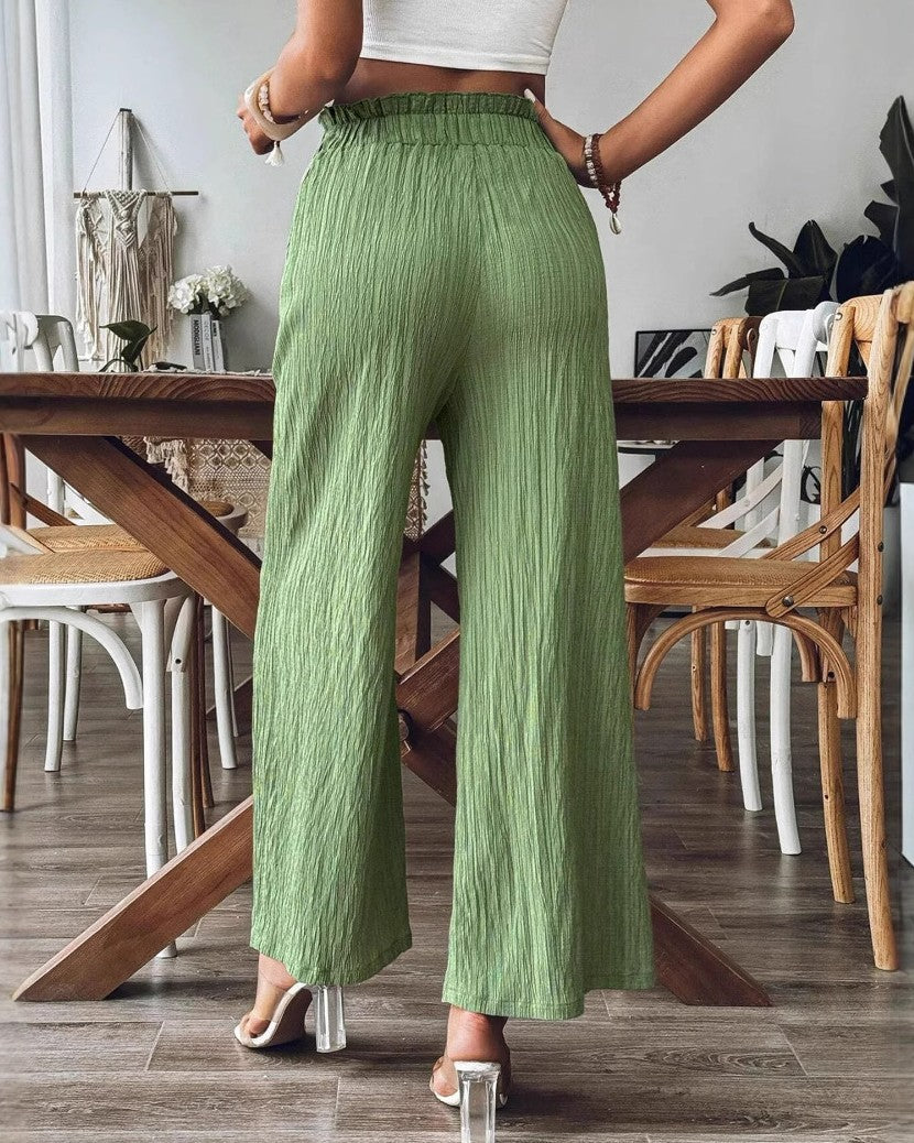 Smocked High Waist Crinkle Wide Leg Pants - Matcha - 1
