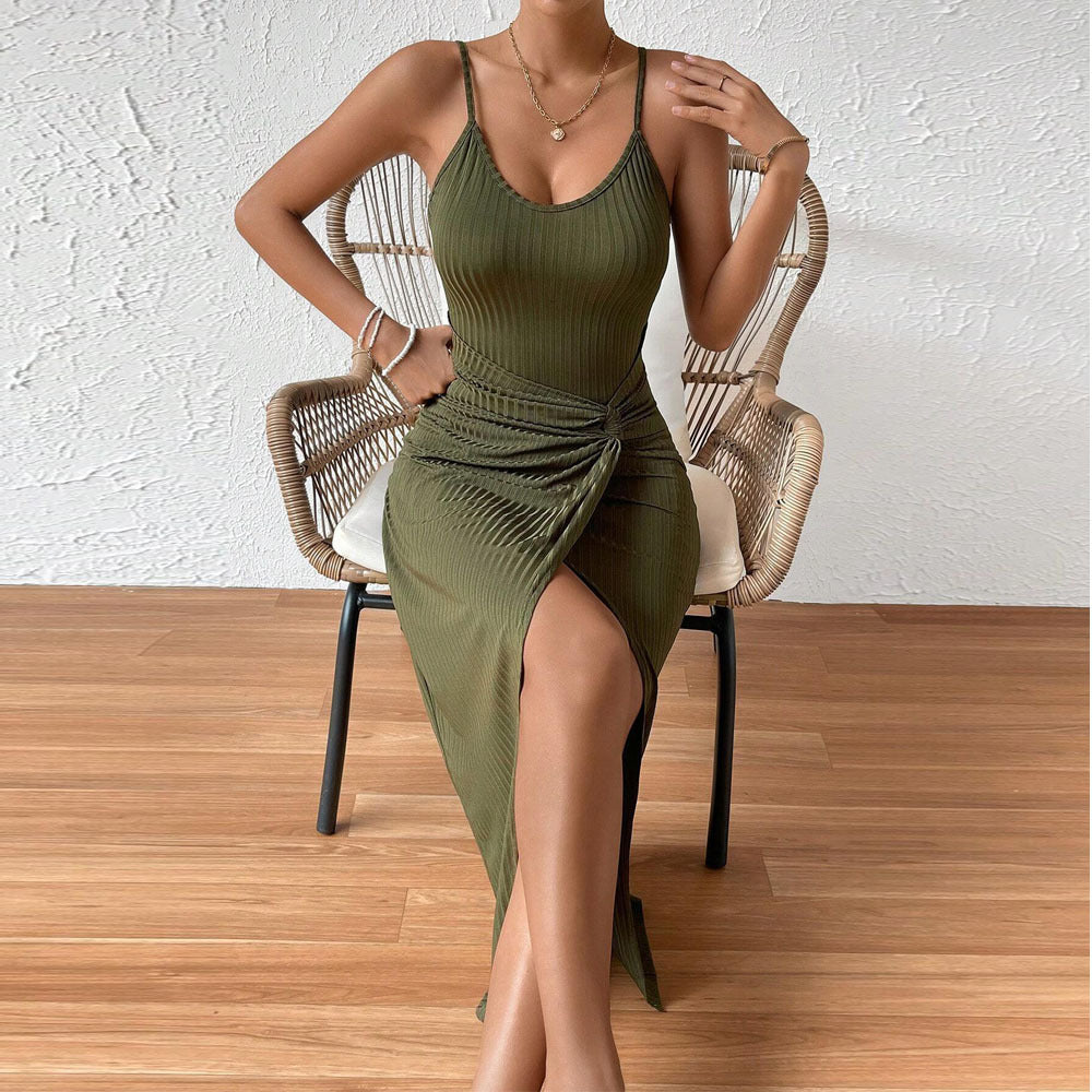 Twist Front Ribbed Cami Maxi Dress - Green - 1