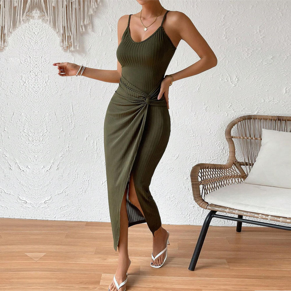 Twist Front Ribbed Cami Maxi Dress - Green - 2