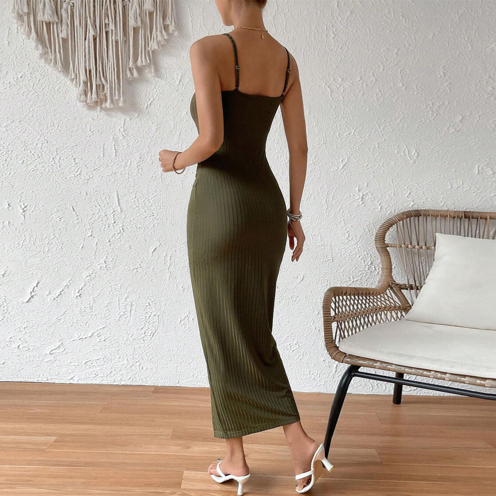 Twist Front Ribbed Cami Maxi Dress - Green - 4