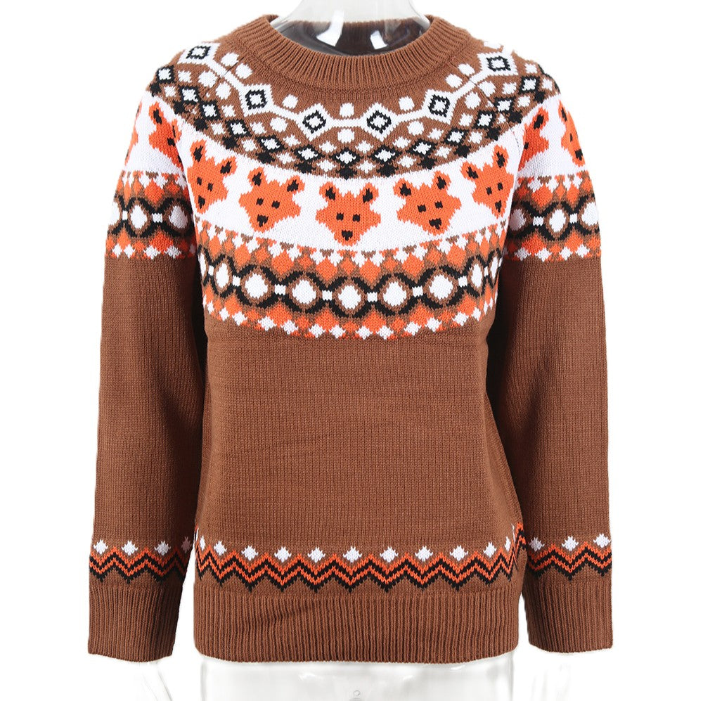 Retro Fair Isle Fox Knit Sweater - Camel - 1