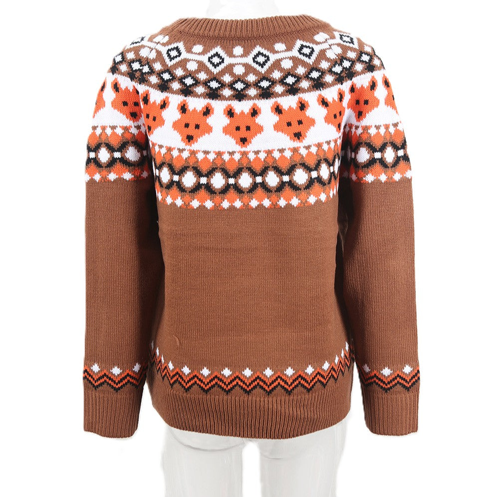 Retro Fair Isle Fox Knit Sweater - Camel - 2