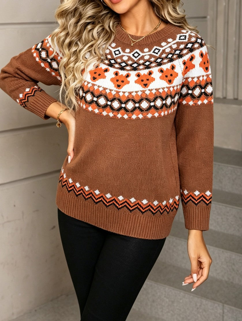 Retro Fair Isle Fox Knit Sweater - Camel - 4