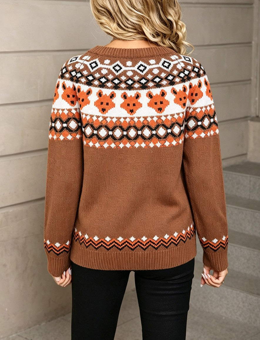 Retro Fair Isle Fox Knit Sweater - Camel - 6