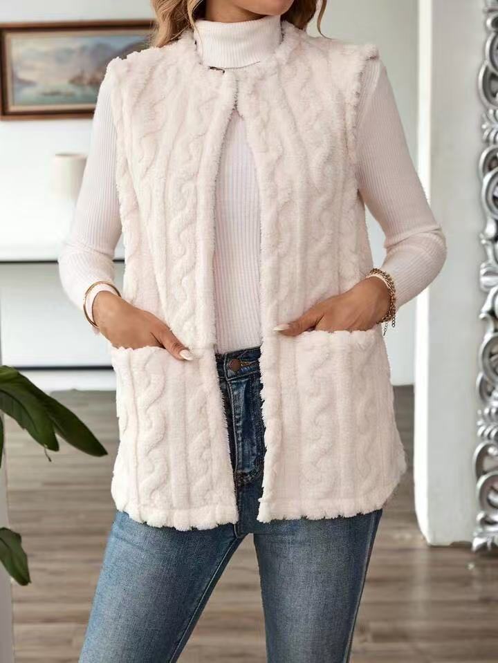 Textured Plush Longline Vest With Pockets - White