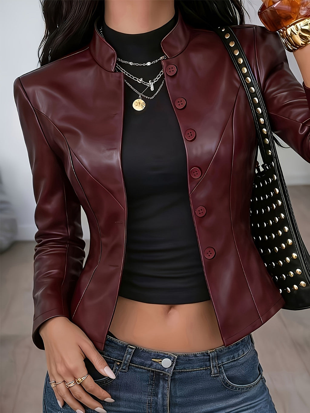 Faux Leather Stand Collar Button Front Fitted Jacket - Burgundy
