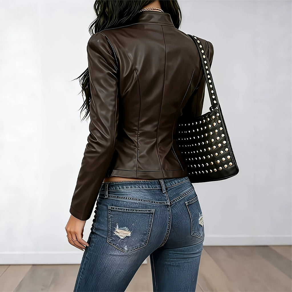 Faux Leather Stand Collar Button Front Fitted Jacket