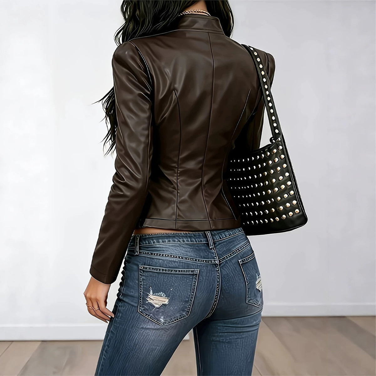 Faux Leather Stand Collar Button Front Fitted Jacket