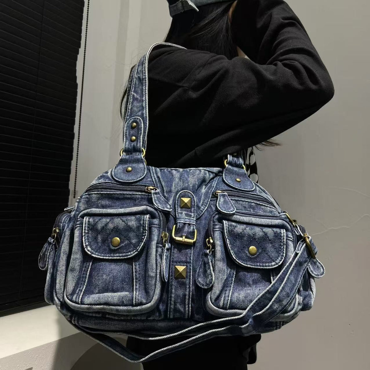 Washed Denim Multi Pocket Shoulder Bag