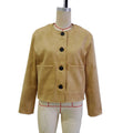 Collarless Faux Suede Patch Pocket Jacket - Khaki