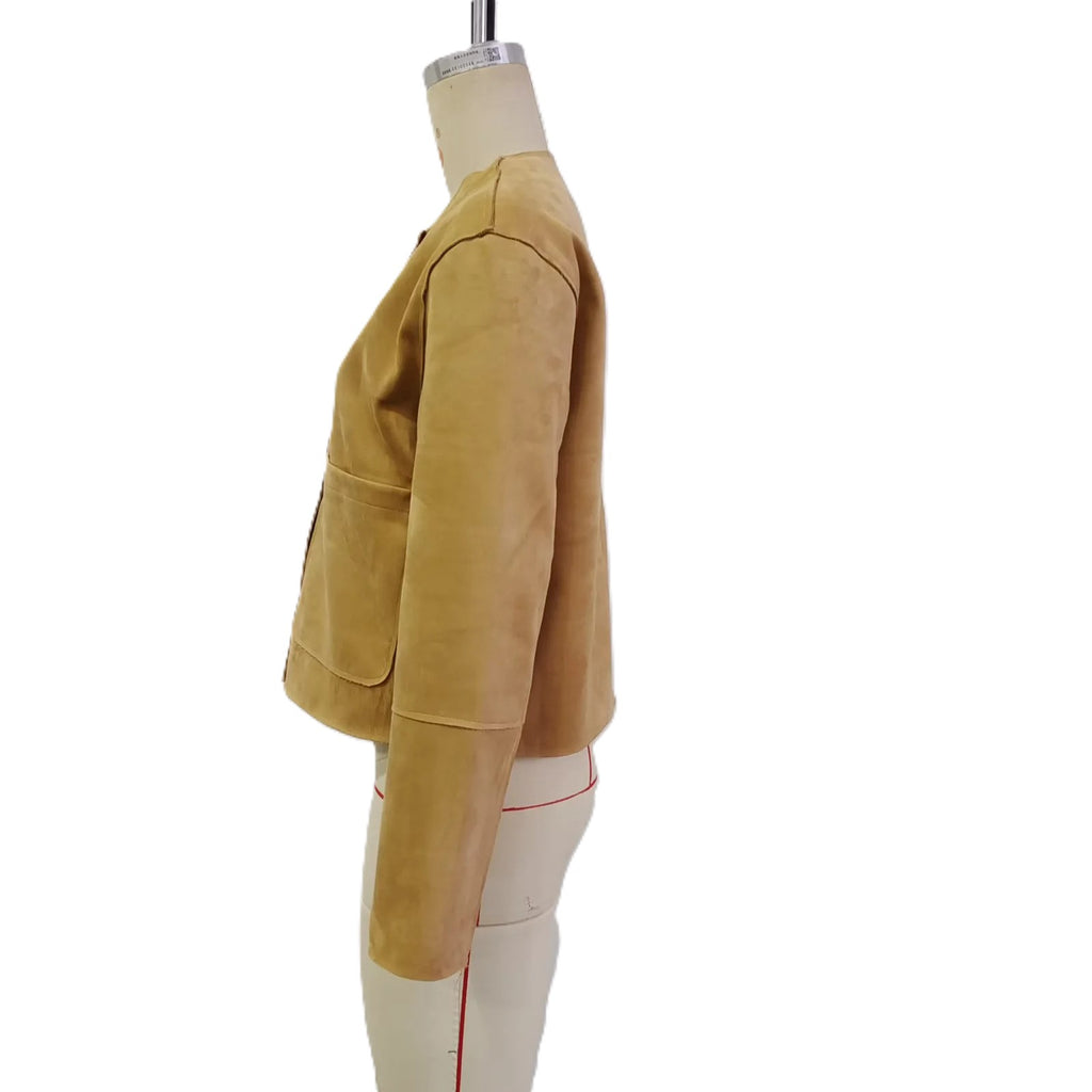 Collarless Faux Suede Patch Pocket Jacket - Khaki - 1