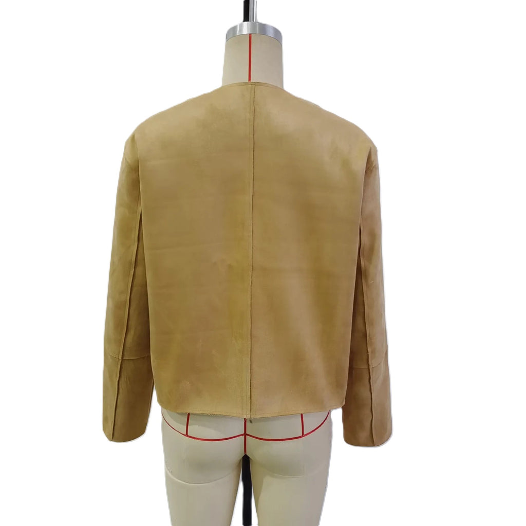 Collarless Faux Suede Patch Pocket Jacket - Khaki - 10