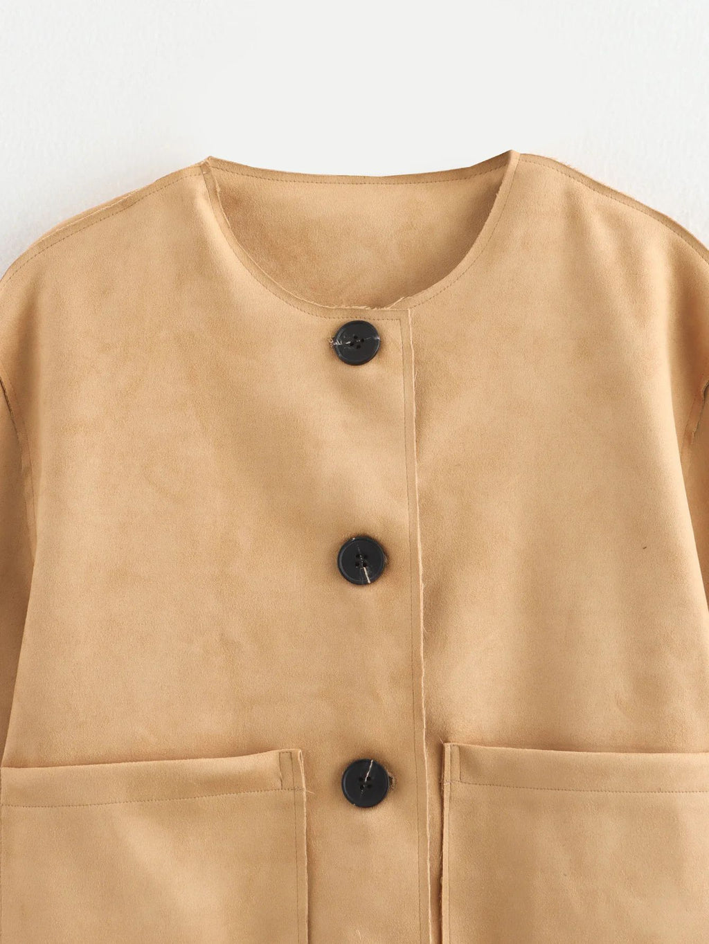 Collarless Faux Suede Patch Pocket Jacket - Khaki - 11
