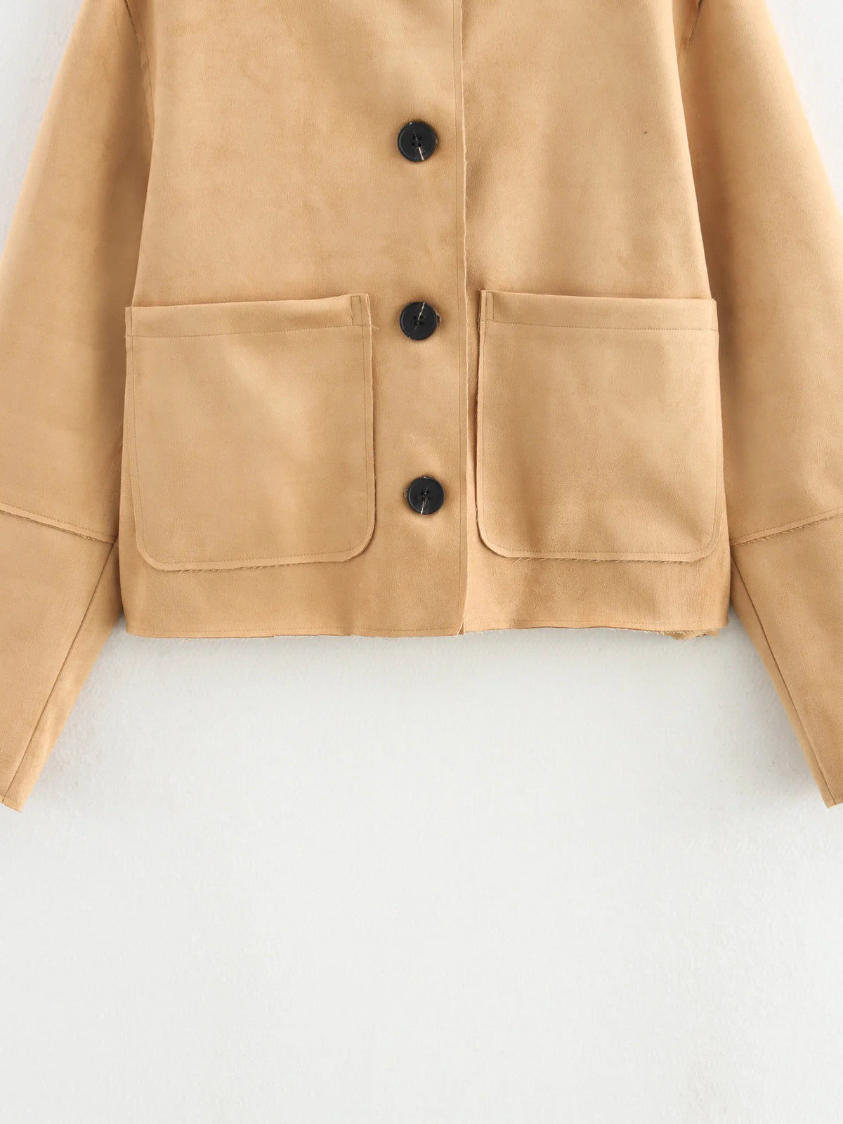 Collarless Faux Suede Patch Pocket Jacket - Khaki - 2