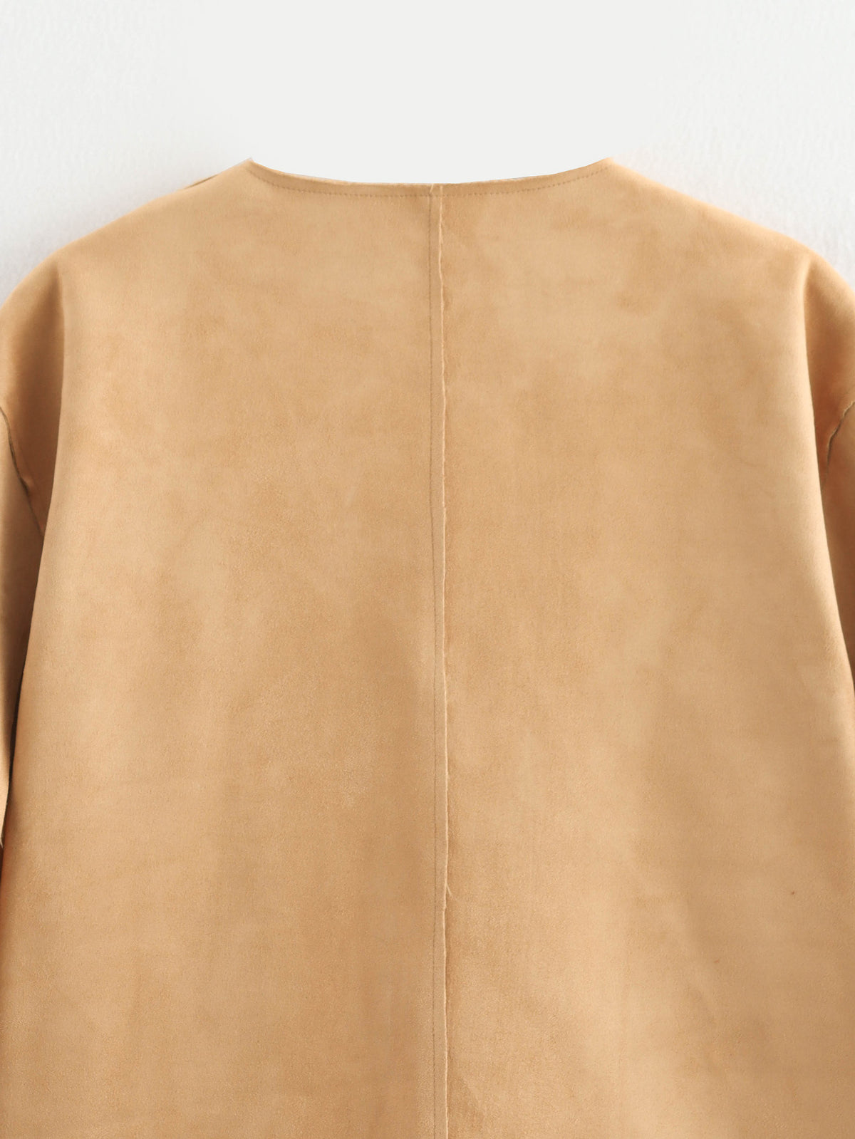 Collarless Faux Suede Patch Pocket Jacket - Khaki - 3