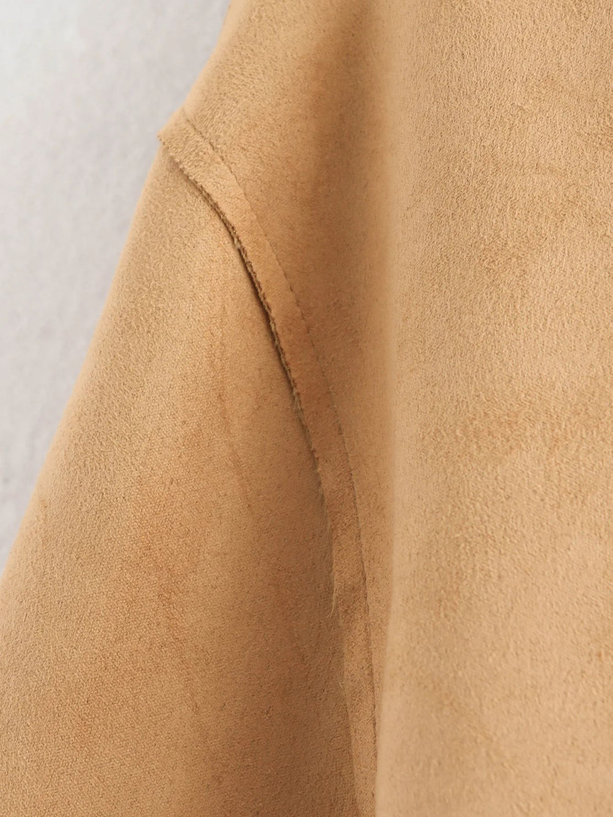 Collarless Faux Suede Patch Pocket Jacket - Khaki - 4
