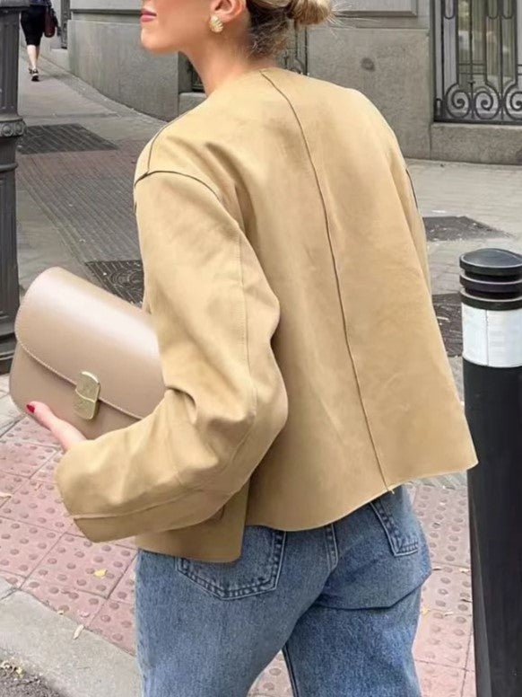 Collarless Faux Suede Patch Pocket Jacket - Khaki - 9