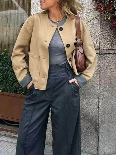 Collarless Faux Suede Patch Pocket Jacket - view 1