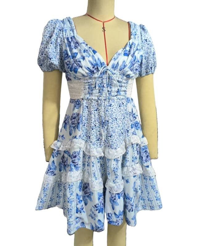 Puff Sleeve Lace Trim Tiered Mini Dress - Blue