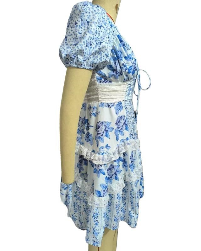 Puff Sleeve Lace Trim Tiered Mini Dress - Blue - 4